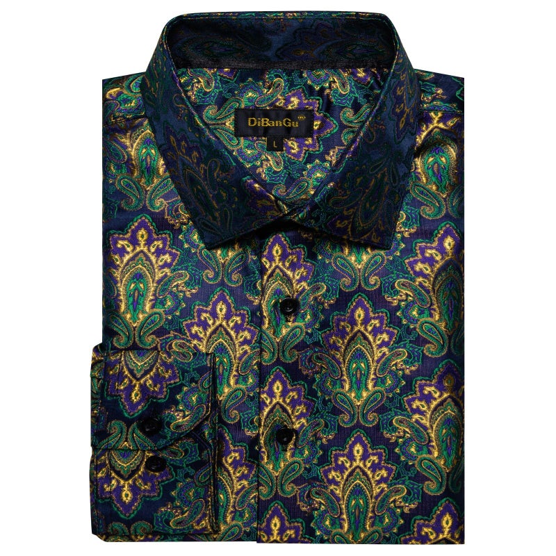 DiBanGu Mens Silk Paisley Dress Shirts,Long Sleeve Button Down Shirt Casual Regular Fit Shirt for Men Wedding Party, Green and Gold, Medium - Image 4