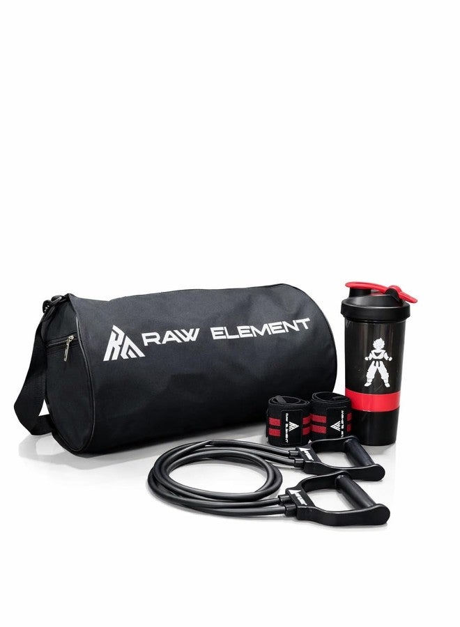 Raw Element Fitness Kit with Gym Duffel Bag, Resistance Tube, Wrist Wraps & 700ml Shaker Bottle | Home Workout & Strength Training Accessories (All Black) - Image 1
