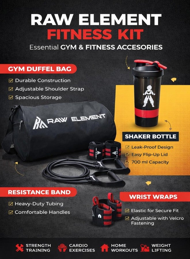 Raw Element Fitness Kit with Gym Duffel Bag, Resistance Tube, Wrist Wraps & 700ml Shaker Bottle | Home Workout & Strength Training Accessories (All Black) - Image 3