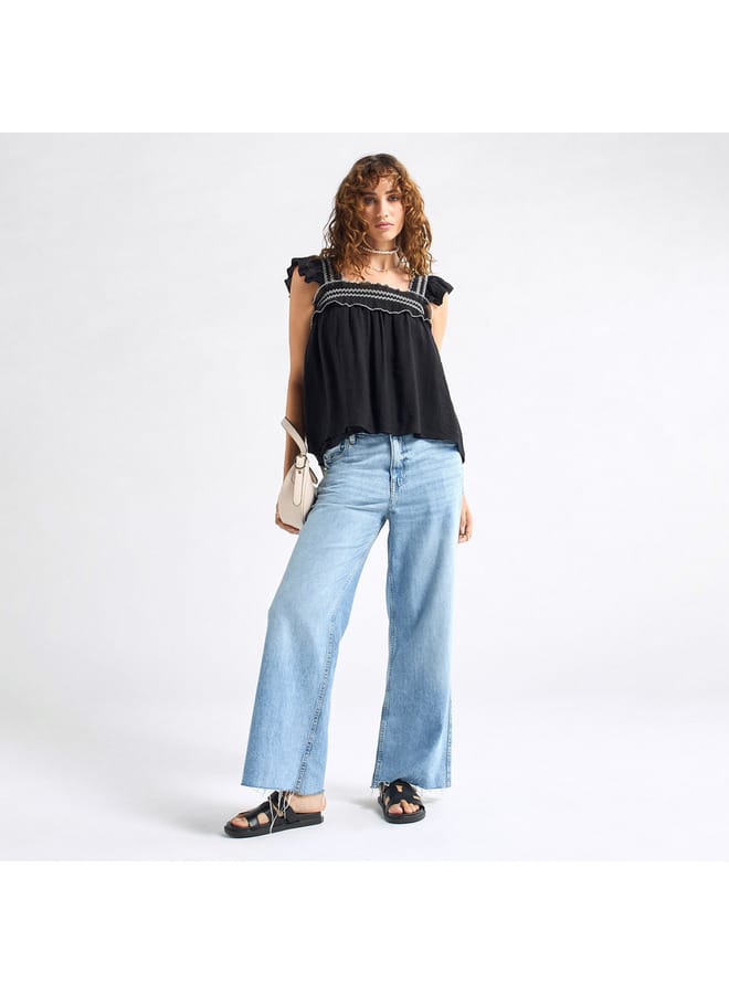 Splash FAV Textured Square Neck Top with Cap Sleeves and Ruffle Detail  - Image 2