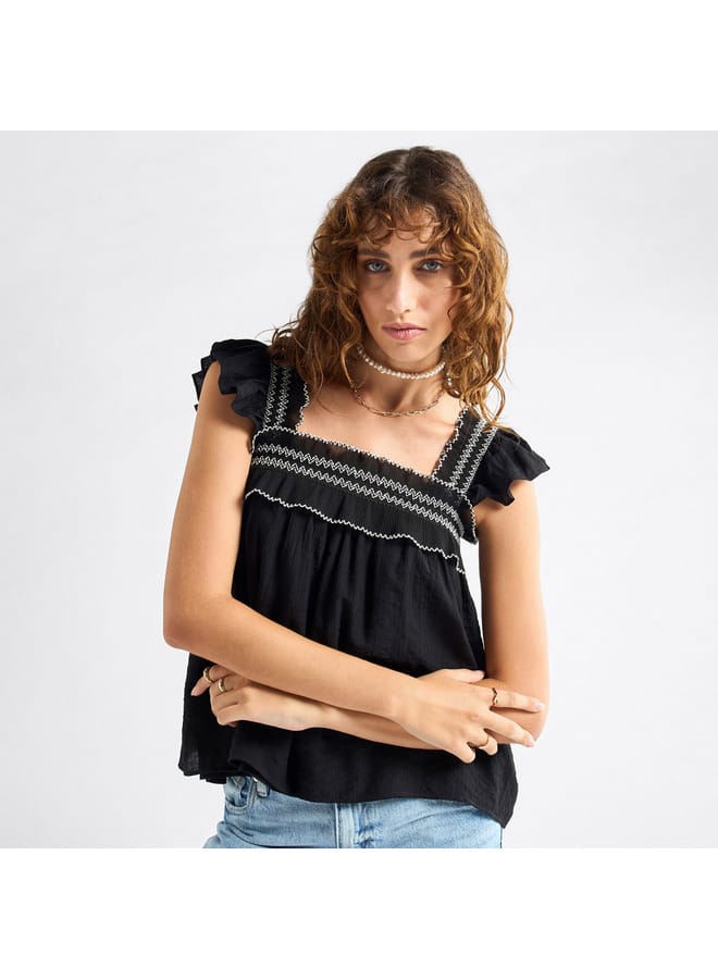 Splash FAV Textured Square Neck Top with Cap Sleeves and Ruffle Detail  - Image 1