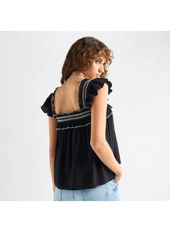 Splash FAV Textured Square Neck Top with Cap Sleeves and Ruffle Detail