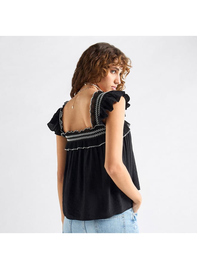 Splash FAV Textured Square Neck Top with Cap Sleeves and Ruffle Detail  - Image 3