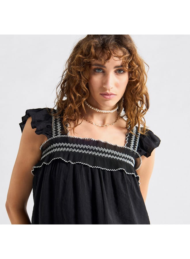 Splash FAV Textured Square Neck Top with Cap Sleeves and Ruffle Detail  - Image 4