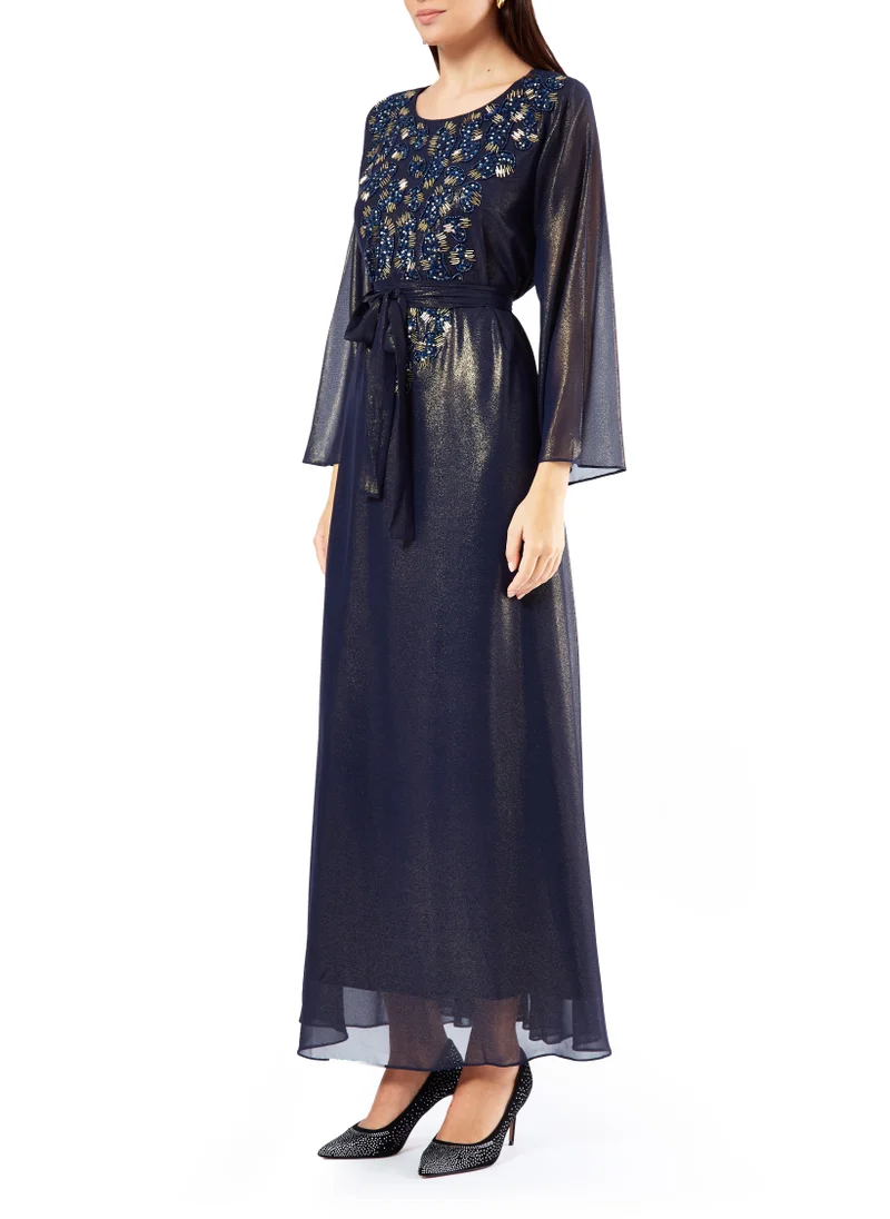 امري Simple And Elegant Chiffon A-Line Long Dress With Beautiful Embroidery Details And Round Neckline