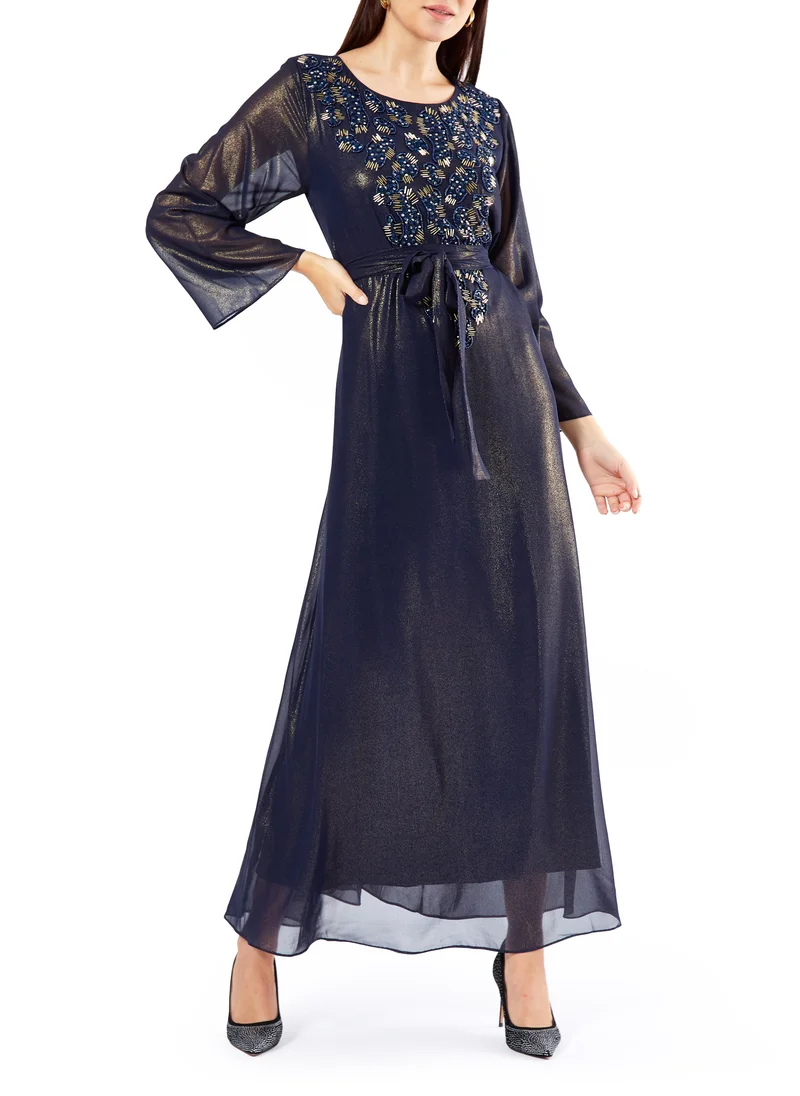 Amri Simple And Elegant Chiffon A-Line Long Dress With Beautiful Embroidery Details And Round Neckline