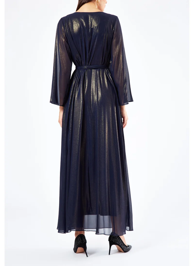 امري Simple And Elegant Chiffon A-Line Long Dress With Beautiful Embroidery Details And Round Neckline