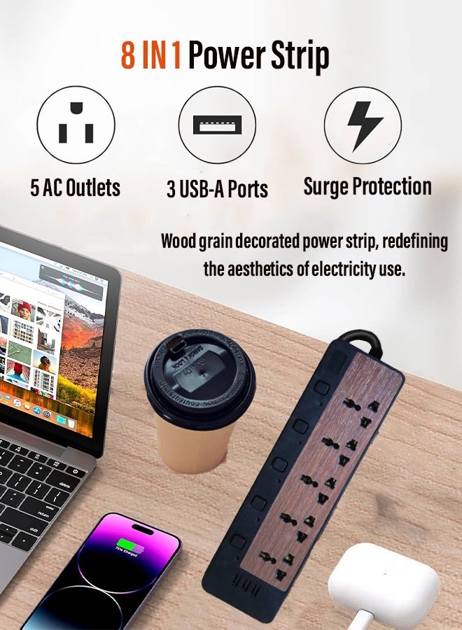 CubeG Surge Protector Power Strip 5 AC Outlets 3USB A Charging Ports, Multi Plug Outlet Extender, 2M(6.56Ft) Universal Extension Cord for Home, Office, Dorm Essentials and More - Image 2