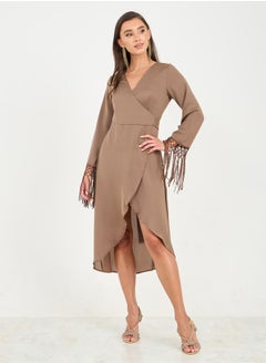 Styli Tassel Trim Sleeves Asymmetric Hem Wrap Midi Dress  - Image 1