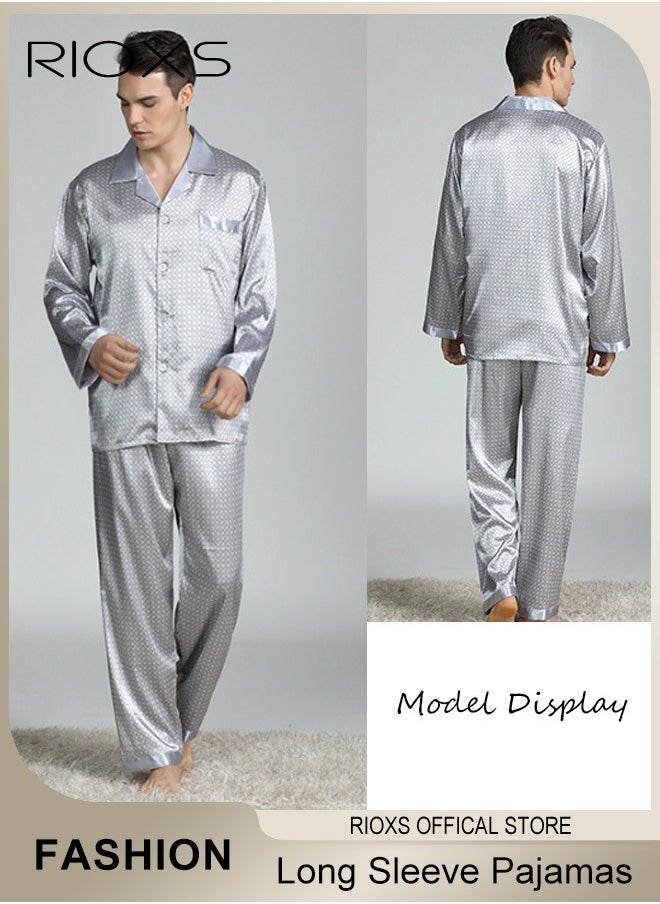 RIOXS - Men's 2 Pcs Satin Pajamas Set Silk Long Sleeve Top And Pants Button Up Sleepwear Classic Loungewear Nightwear Pajamas Set - Image 1