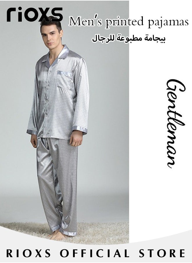 RIOXS - Men's 2 Pcs Satin Pajamas Set Silk Long Sleeve Top And Pants Button Up Sleepwear Classic Loungewear Nightwear Pajamas Set - Image 1
