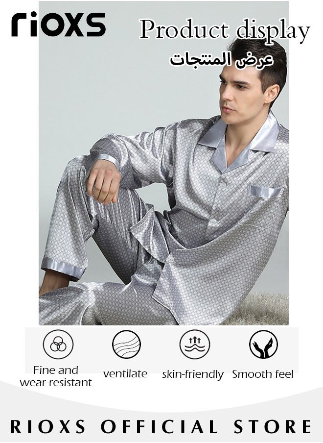 RIOXS - Men's 2 Pcs Satin Pajamas Set Silk Long Sleeve Top And Pants Button Up Sleepwear Classic Loungewear Nightwear Pajamas Set - Image 1
