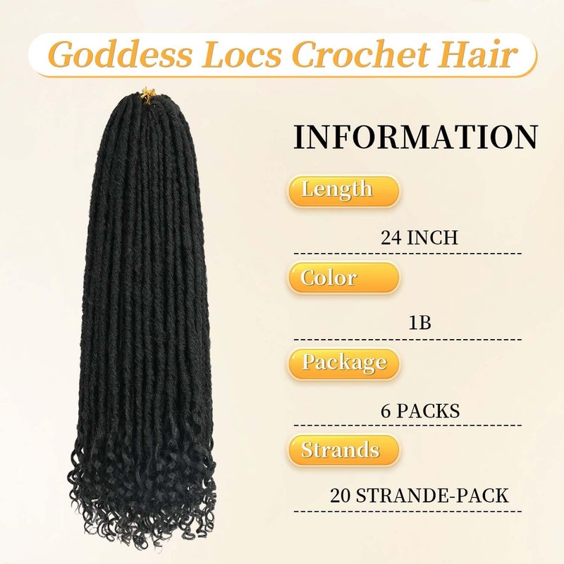 MODERN QUEEN 6 Packs Goddess Locs Crochet Hair, 24 Inch Straight Faux Locs Crochet Braids, Pre-Looped Curly Soft Synthetic Braiding Hair Extensions for Black Women(24 Inch, 6 Packs, 1B#) - Image 2