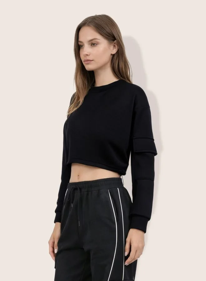 Freehand  Women Boxy Fit Solid Crew Neck Long Sleeve Cropped Sweatshirt  | Best Price UAE