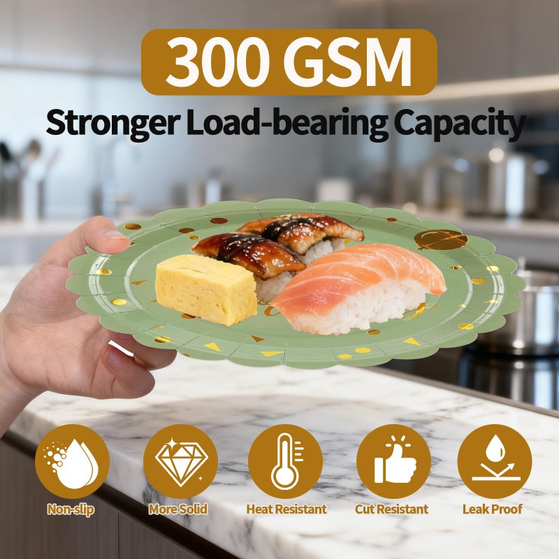 BOKFJBP 48PCS Happy Birthday Plates and Napkins Party Supplies-Disposable Sagegreen and Gold Birthday Scalloped Cake Plates and Napkins with Forks Tableware Set for Birthday Party Decorations 16 Guests - Image 3