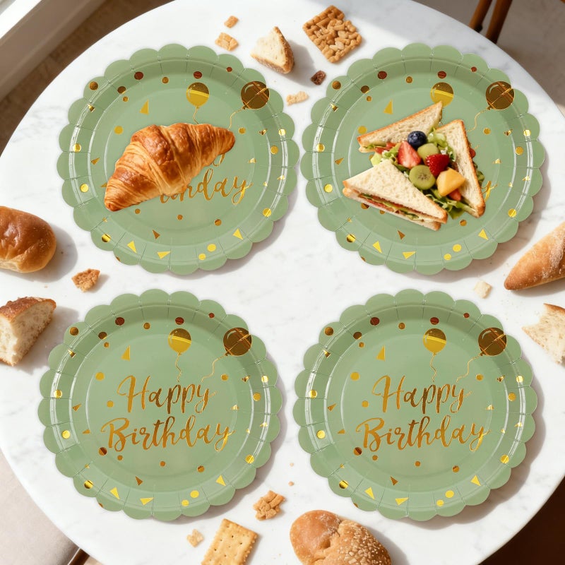 BOKFJBP 48PCS Happy Birthday Plates and Napkins Party Supplies-Disposable Sagegreen and Gold Birthday Scalloped Cake Plates and Napkins with Forks Tableware Set for Birthday Party Decorations 16 Guests - Image 5