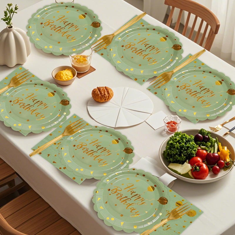 BOKFJBP 48PCS Happy Birthday Plates and Napkins Party Supplies-Disposable Sagegreen and Gold Birthday Scalloped Cake Plates and Napkins with Forks Tableware Set for Birthday Party Decorations 16 Guests - Image 4