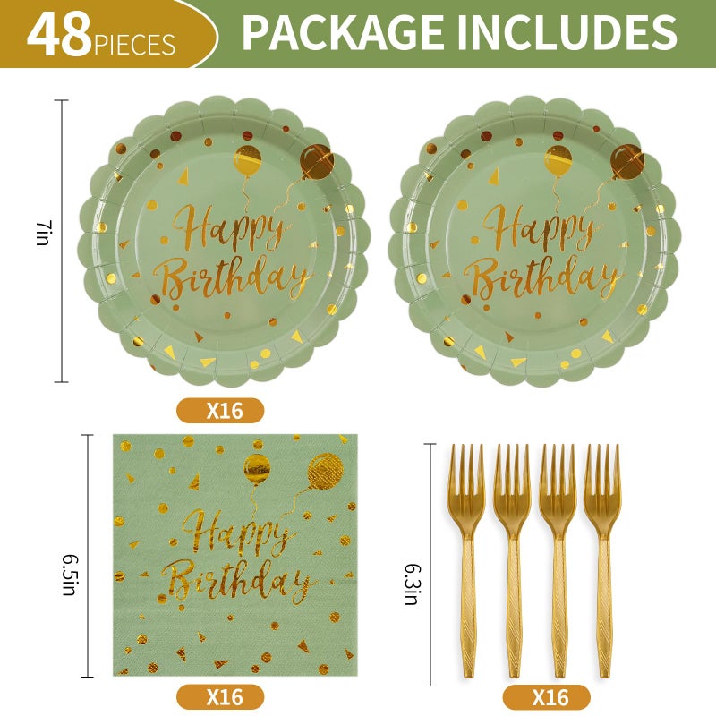 BOKFJBP 48PCS Happy Birthday Plates and Napkins Party Supplies-Disposable Sagegreen and Gold Birthday Scalloped Cake Plates and Napkins with Forks Tableware Set for Birthday Party Decorations 16 Guests - Image 2