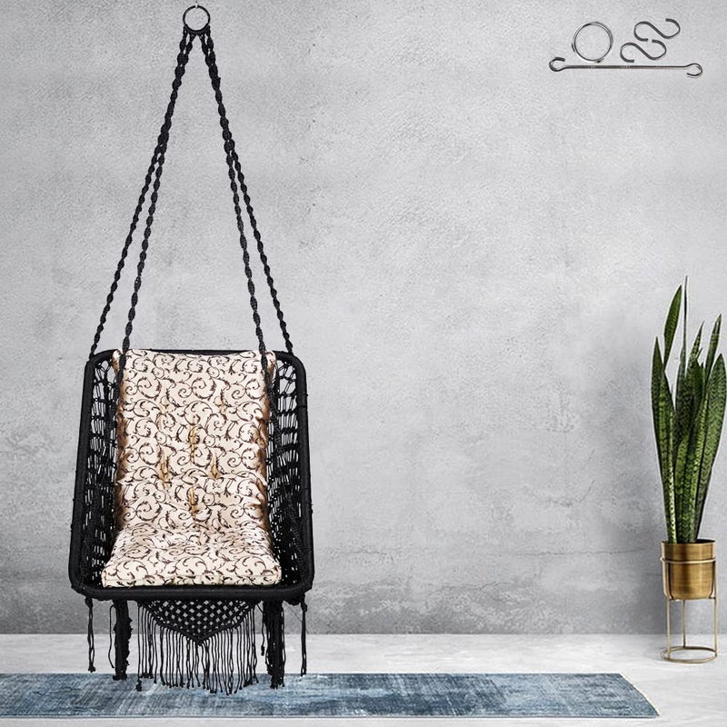 Patiofy Premium Square Shape Swing for AdultsSwing for BalconyJhula for Adults KidsHammock Hanging Swing Chair for Home GardenIncludes Golden Floral L Cushion Hanging Kit150Kg CapacityBlack