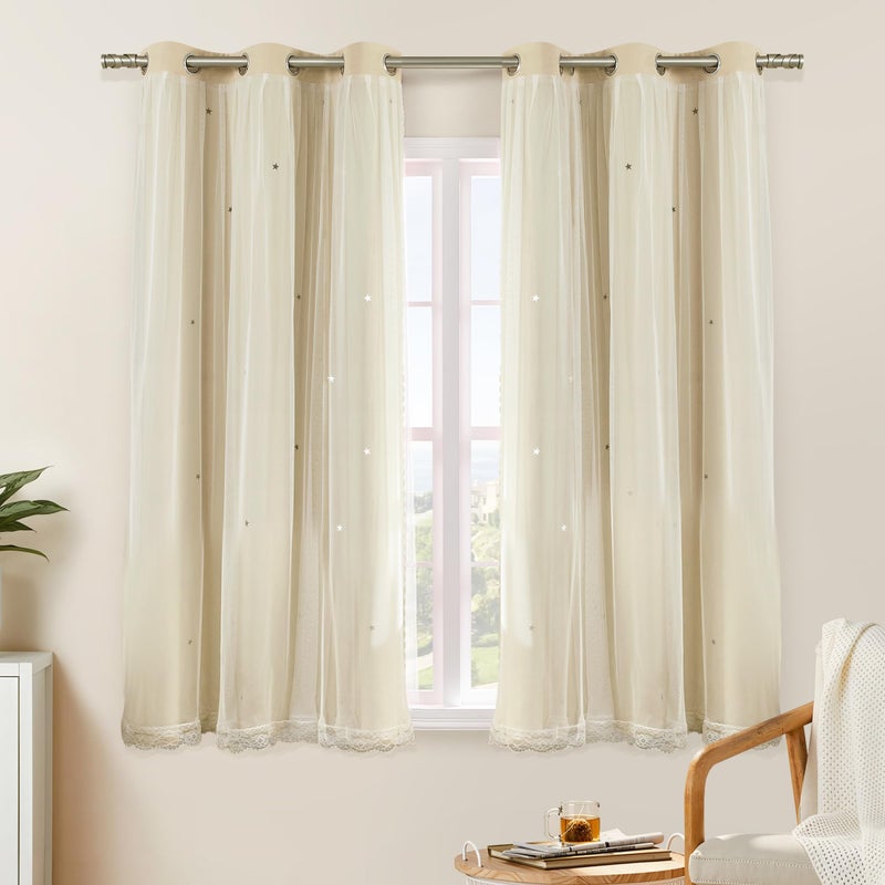 XiDi Beige Curtains with Sheer Overlay for Living Room Bedroom 2 Panels Star Hollow Out 80% Blackout Double Layer Curtains for Kids Girls Room Darkening Grommet Window Drapes with Tiebacks W34 X L63 - Image 1