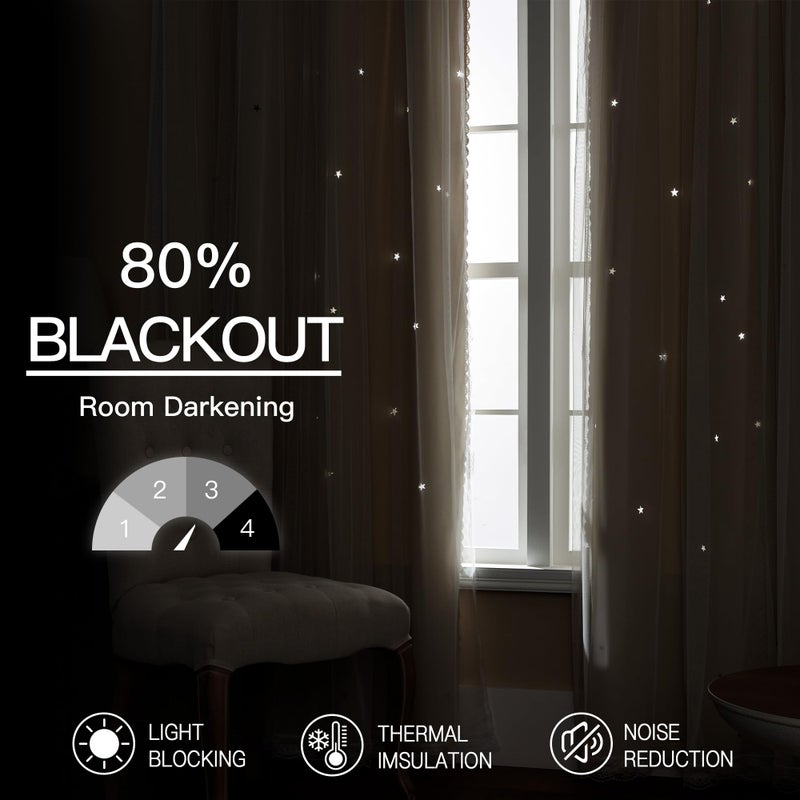 XiDi Beige Curtains with Sheer Overlay for Living Room Bedroom 2 Panels Star Hollow Out 80% Blackout Double Layer Curtains for Kids Girls Room Darkening Grommet Window Drapes with Tiebacks W34 X L63 - Image 4