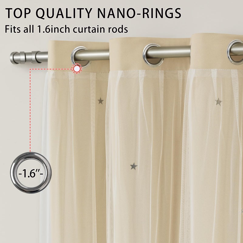 XiDi Beige Curtains with Sheer Overlay for Living Room Bedroom 2 Panels Star Hollow Out 80% Blackout Double Layer Curtains for Kids Girls Room Darkening Grommet Window Drapes with Tiebacks W34 X L63 - Image 5