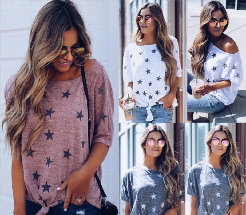 Hot Explosive Print One-Shoulder Loose Tie Knot Mid-Sleeve T-Shirt Women's white XL - Image 2