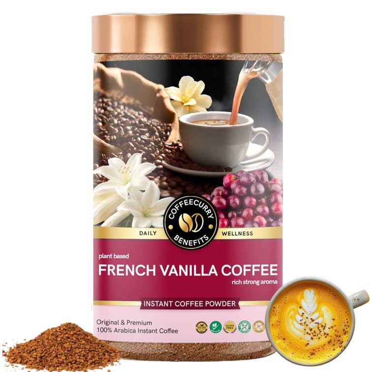 COFFEECURRY French Vanilla Coffee (50 Grams) - Helps with Energy, Focus & Performance | Premium Instant Arabica Coffee Powder for Refreshing Experience - Image 1