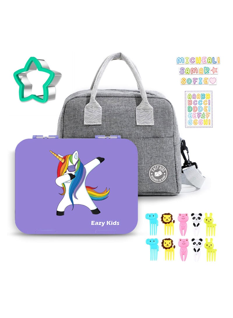 Eazy Kids Unicorn Purple 6 Compartment Bento Lunch Box w/ Lunch Bag-Grey - Image 1