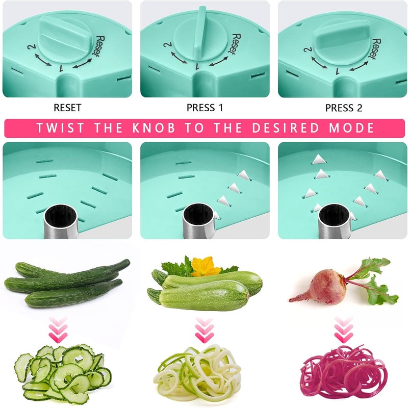 SHAREWIN 3 in 1 Vegetable Spiralizer Slicer, Adjustable Zucchini Carrot Noodle Maker, Cucumber Spiral Cutter, Easy to Use Kitchen Tool（lce-Green） - Image 2
