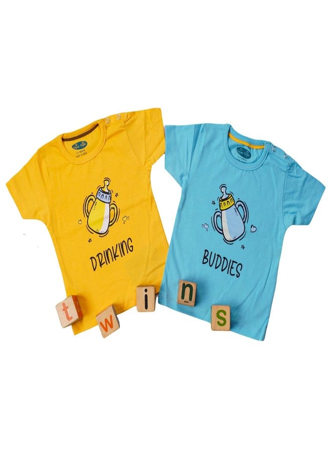 TwinsTribe Twins Tshirt Set | Drinking Buddies Print | Twins Gift Ideas | Twins Dress Clothes Outfit | Premium Cotton Tees (in, Age, 1-2 Years, Set of 2 Tees) - Image 1