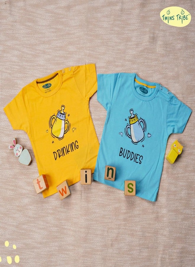TwinsTribe Twins Tshirt Set | Drinking Buddies Print | Twins Gift Ideas | Twins Dress Clothes Outfit | Premium Cotton Tees (in, Age, 1-2 Years, Set of 2 Tees) - Image 3