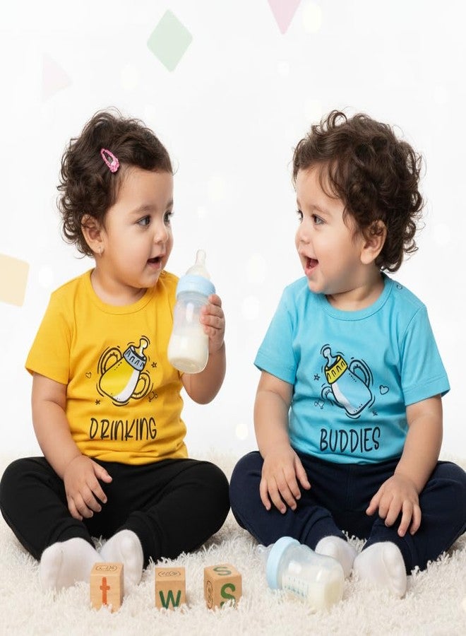 TwinsTribe Twins Tshirt Set | Drinking Buddies Print | Twins Gift Ideas | Twins Dress Clothes Outfit | Premium Cotton Tees (in, Age, 1-2 Years, Set of 2 Tees) - Image 2