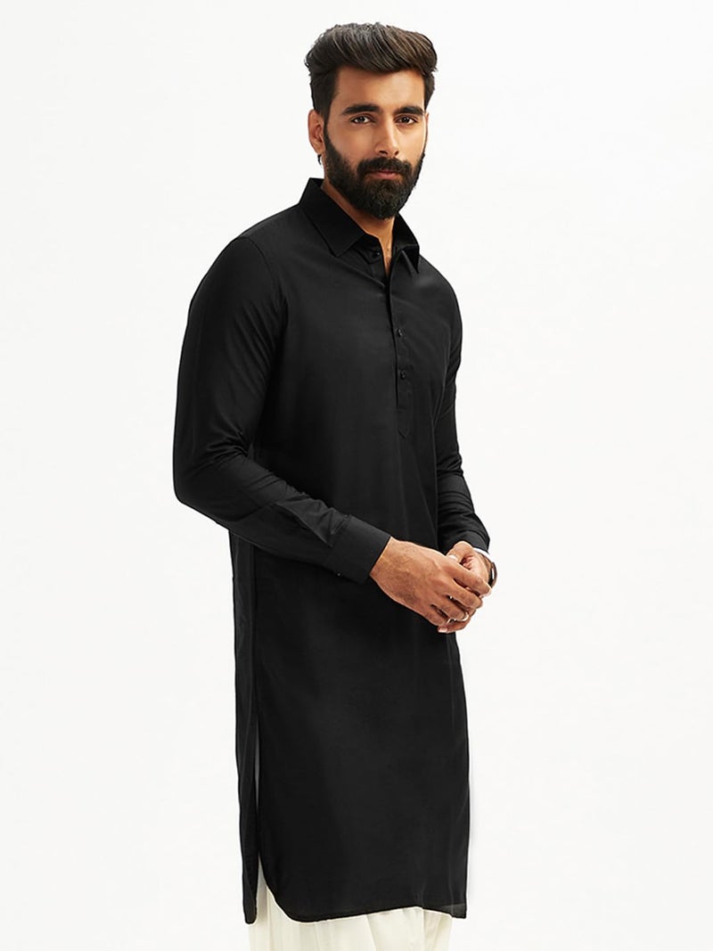 VASTRAMAY Men's Black and White Viscose Pathani Kurta Only, Traditional Pathani in Soft Comfortable Feel Viscose Fabric for Weddings, Ethnic Outfit (VASMPT598BL_36) - Image 4