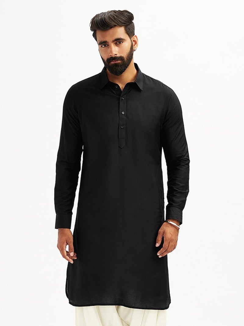 VASTRAMAY Men's Black and White Viscose Pathani Kurta Only, Traditional Pathani in Soft Comfortable Feel Viscose Fabric for Weddings, Ethnic Outfit (VASMPT598BL_36) - Image 2