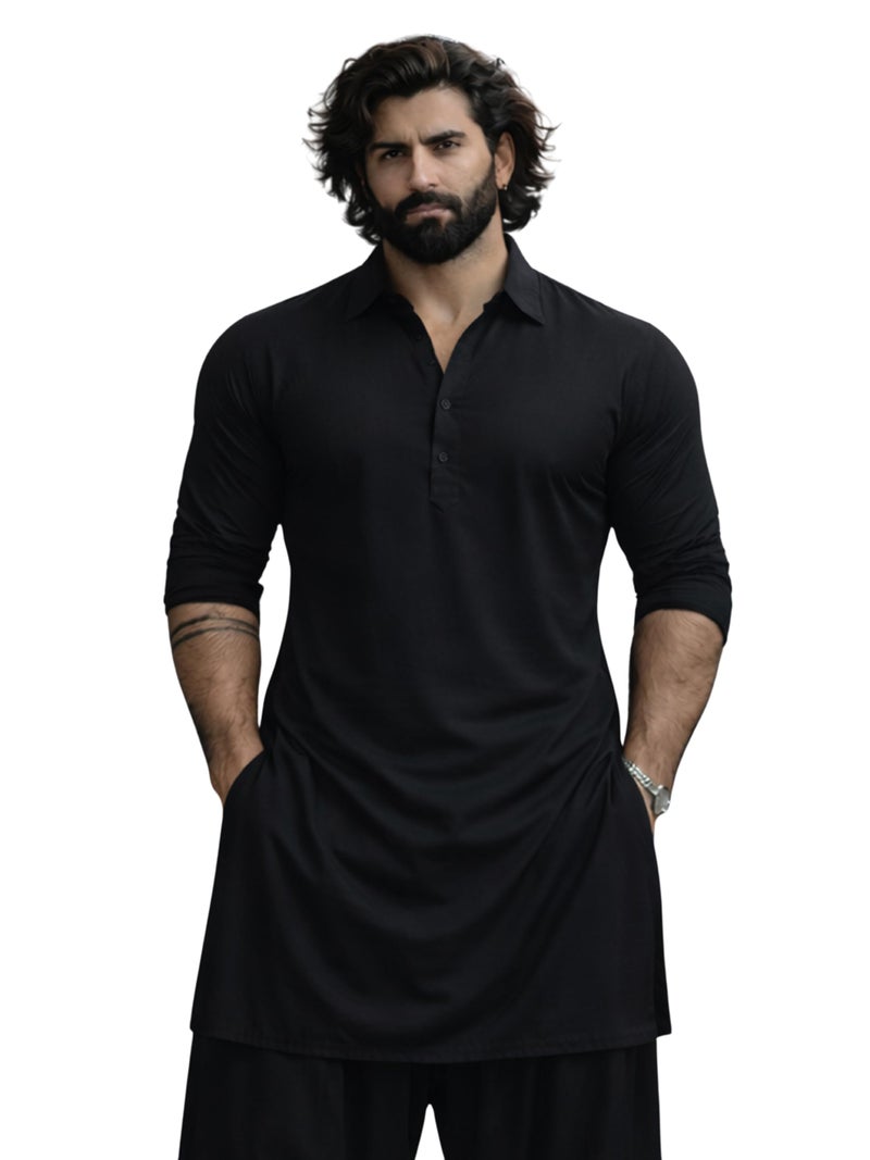VASTRAMAY Men's Black and White Viscose Pathani Kurta Only, Traditional Pathani in Soft Comfortable Feel Viscose Fabric for Weddings, Ethnic Outfit (VASMPT598BL_36) - Image 1