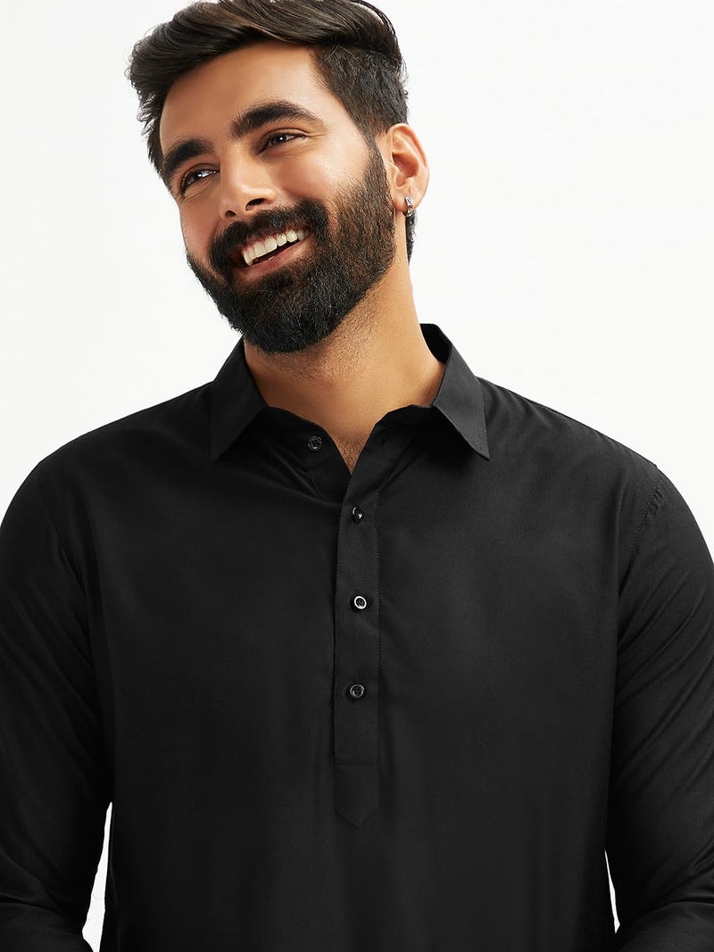 VASTRAMAY Men's Black and White Viscose Pathani Kurta Only, Traditional Pathani in Soft Comfortable Feel Viscose Fabric for Weddings, Ethnic Outfit (VASMPT598BL_36) - Image 3