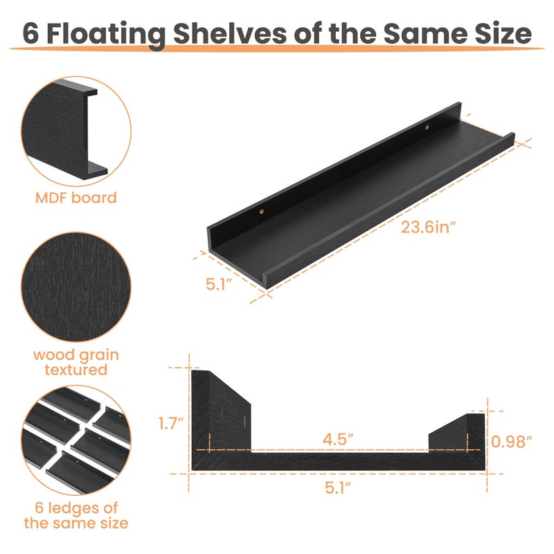 upsimples Floating Shelves for Wall, 23.6 Inch Shelves for Decor Storage Set of 6, Wall Mounted Wood Shelf for Bedroom, Living Room, Bathroom, Kitchen, Long Picture Ledge Shelves, Black - Image 3