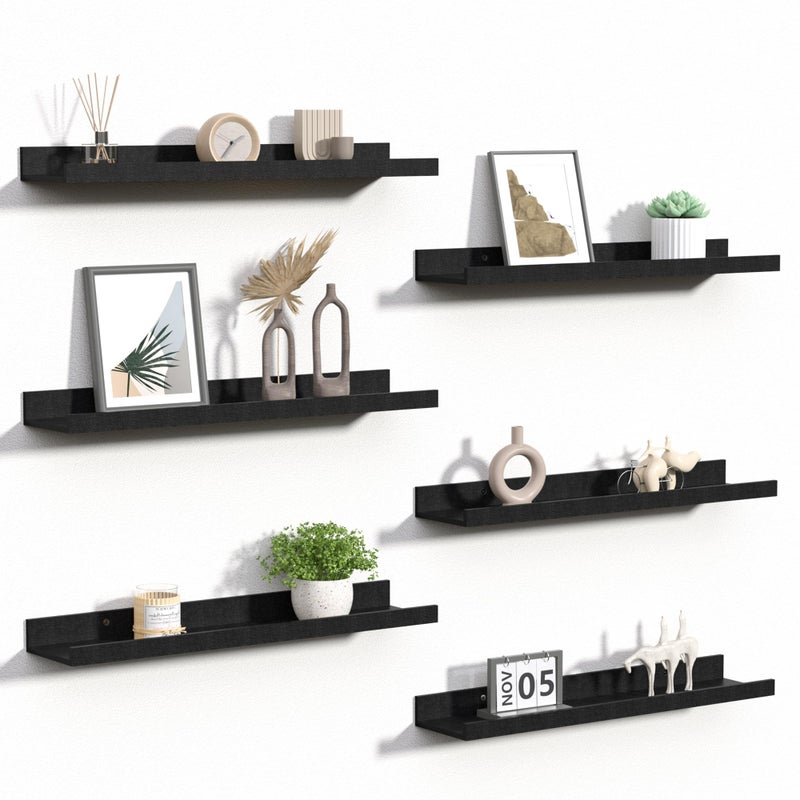 upsimples Floating Shelves for Wall, 23.6 Inch Shelves for Decor Storage Set of 6, Wall Mounted Wood Shelf for Bedroom, Living Room, Bathroom, Kitchen, Long Picture Ledge Shelves, Black - Image 1