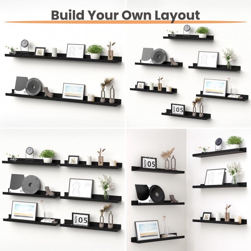 upsimples Floating Shelves for Wall, 23.6 Inch Shelves for Decor Storage Set of 6, Wall Mounted Wood Shelf for Bedroom, Living Room, Bathroom, Kitchen, Long Picture Ledge Shelves, Black - Image 2