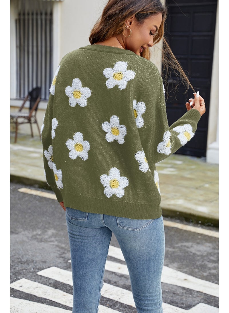 NIBEMINENT Autumn Winter V-Neck Cardigan Female Sweater Women Casual Flowers Embroidery Sweaters Coat Classic Knitting Long Sleeve Tops - Image 2