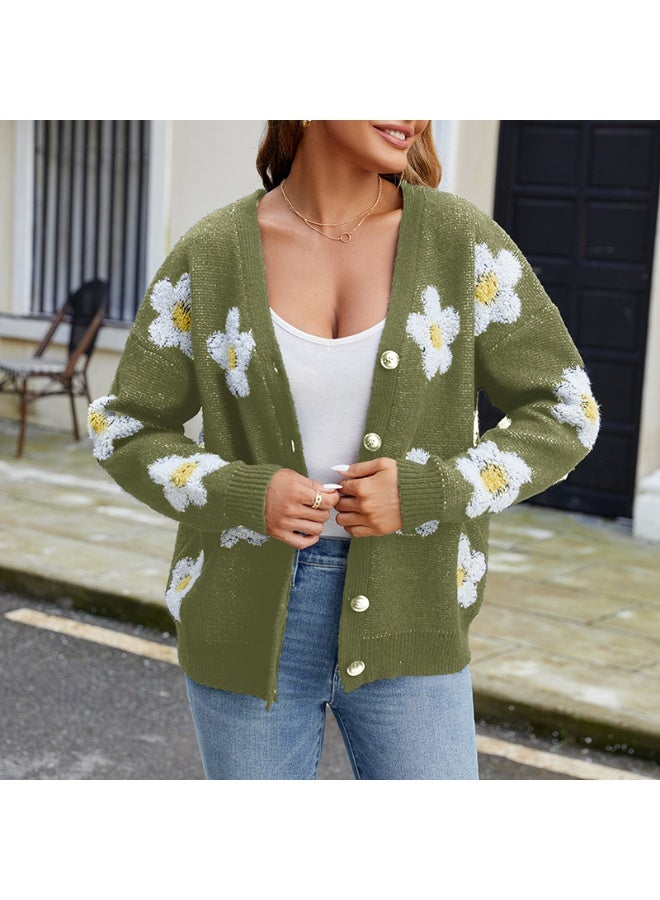 NIBEMINENT Autumn Winter V-Neck Cardigan Female Sweater Women Casual Flowers Embroidery Sweaters Coat Classic Knitting Long Sleeve Tops - Image 1