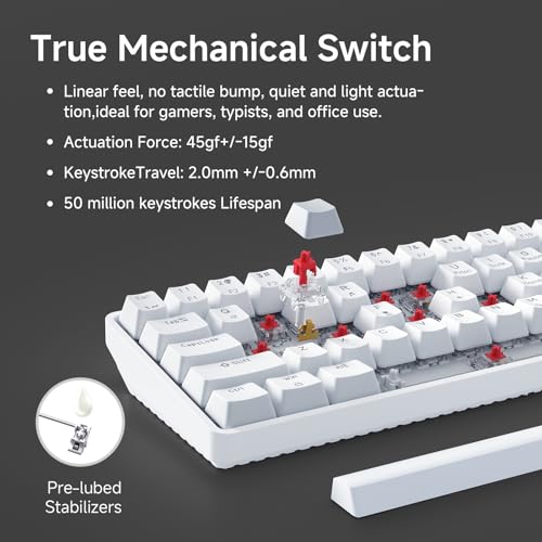 TMKB Technology Mechanical KeyBoard TMKB 60% Mechanical Gaming Keyboard, Red Linear Switch, LED Backlight, Anti-Ghosting, Detachable USB-C, Double-Shot Keycaps, 61 Keys, Wired, White - Image 3
