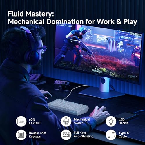 TMKB Technology Mechanical KeyBoard TMKB 60% Mechanical Gaming Keyboard, Red Linear Switch, LED Backlight, Anti-Ghosting, Detachable USB-C, Double-Shot Keycaps, 61 Keys, Wired, White - Image 2