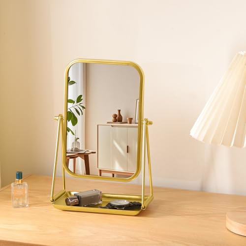 Gosider Gold Desk Mirror Rectangular Tabletop Vanity Makeup Mirrors with Metal Stand and Storage 360°Rotation Adjust Table Mirror Portable Cosmetic Mirrors for Dressing Bathroom Bedroom - Image 4