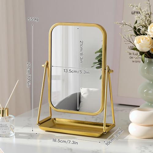 Gosider Gold Desk Mirror Rectangular Tabletop Vanity Makeup Mirrors with Metal Stand and Storage 360°Rotation Adjust Table Mirror Portable Cosmetic Mirrors for Dressing Bathroom Bedroom - Image 5