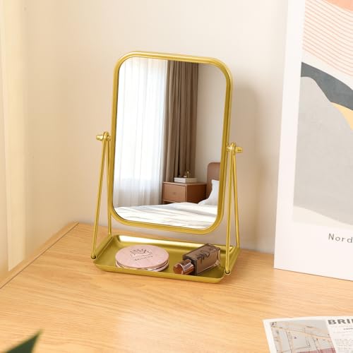 Gosider Gold Desk Mirror Rectangular Tabletop Vanity Makeup Mirrors with Metal Stand and Storage 360°Rotation Adjust Table Mirror Portable Cosmetic Mirrors for Dressing Bathroom Bedroom - Image 3