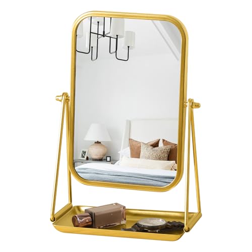 Gosider Gold Desk Mirror Rectangular Tabletop Vanity Makeup Mirrors with Metal Stand and Storage 360°Rotation Adjust Table Mirror Portable Cosmetic Mirrors for Dressing Bathroom Bedroom - Image 1