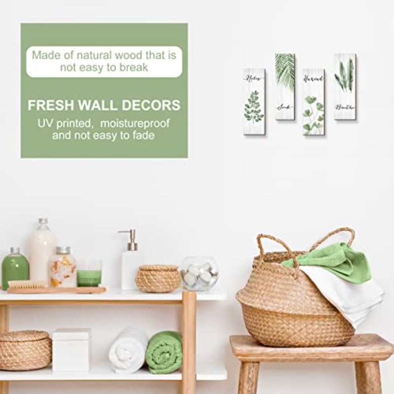 Botanical Bathroom Wall Art Decor 4 Pieces Rela Soak Unwind Breathe with Boho Leaf Print Minimalist Sign Wooden Hanging Wall Art Decor for Farmhouse Home Bathroom,Green - Image 5