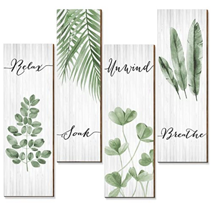 Botanical Bathroom Wall Art Decor 4 Pieces Rela Soak Unwind Breathe with Boho Leaf Print Minimalist Sign Wooden Hanging Wall Art Decor for Farmhouse Home Bathroom,Green - Image 1